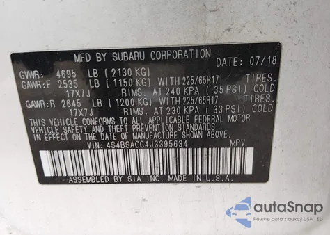 2018 Subaru Outback 2.5I Premium from USA, damaged, VIN 4S4BSACC4J3395634